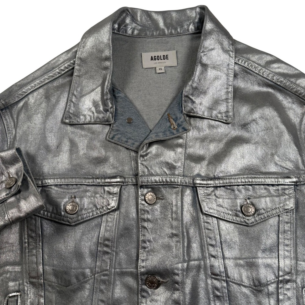 Agolde Charli Jacket Womens XS Silver Metallic Coated Oversized Denim Button